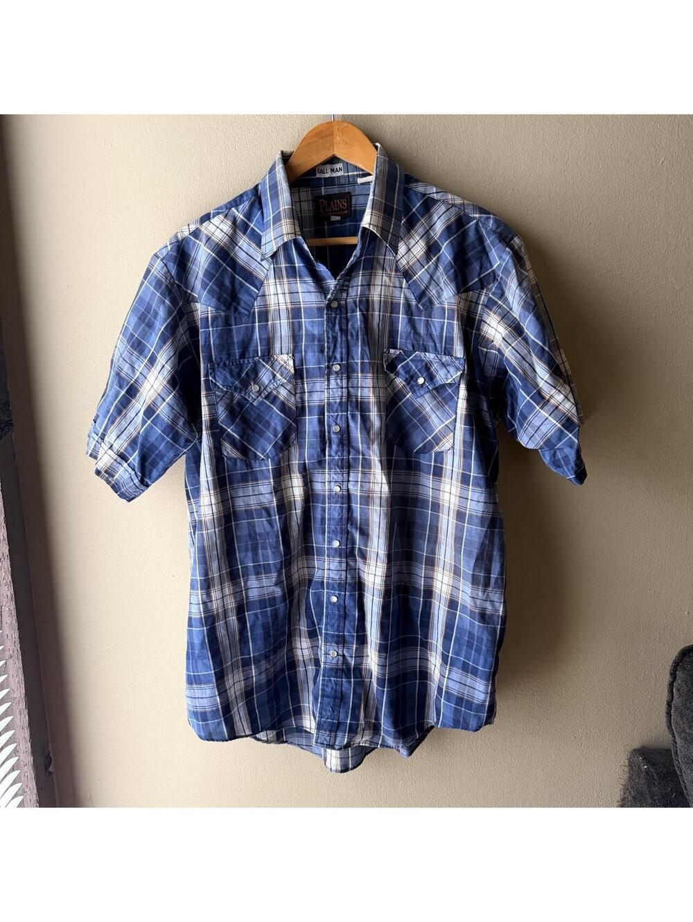 Vintage Plains Western Wear Blue Plaid Pearl Snap Shirt LT